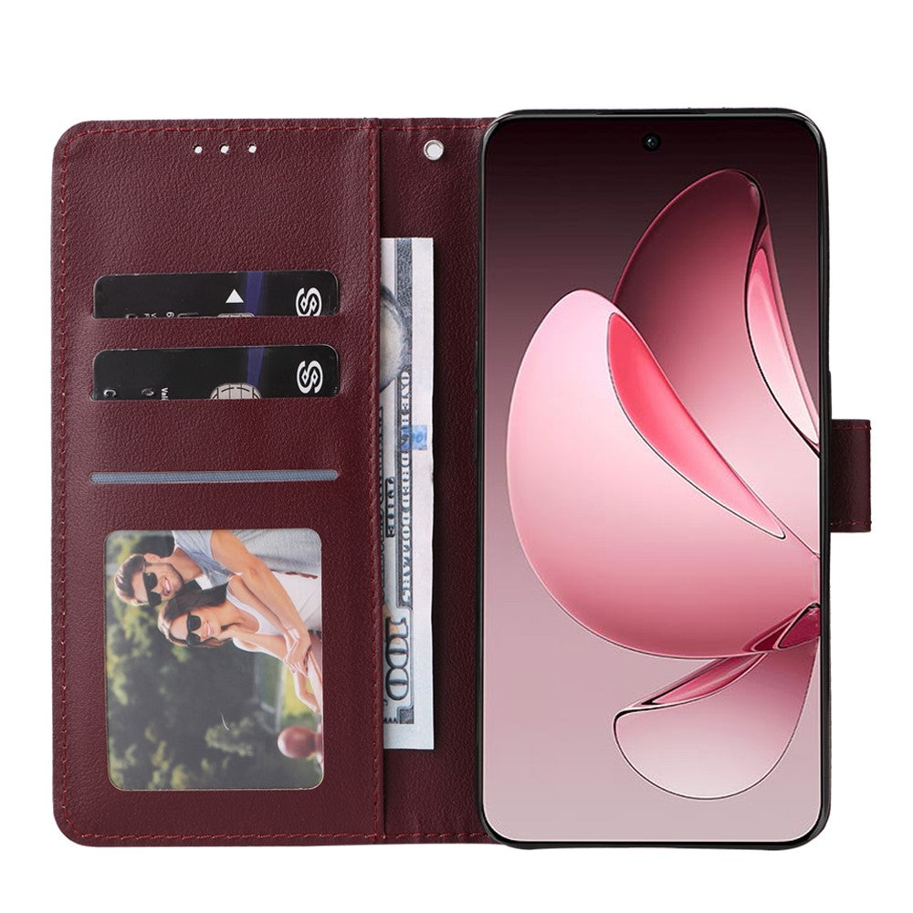 For Oppo Reno13 5G (Global) Case Wallet Stand View PU Leather Phone Cover with Wrist Strap - Wine Red