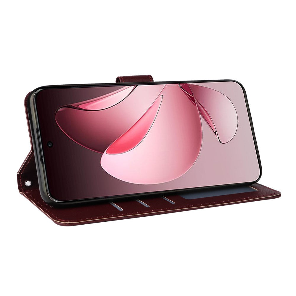For Oppo Reno13 5G (Global) Case Wallet Stand View PU Leather Phone Cover with Wrist Strap - Wine Red