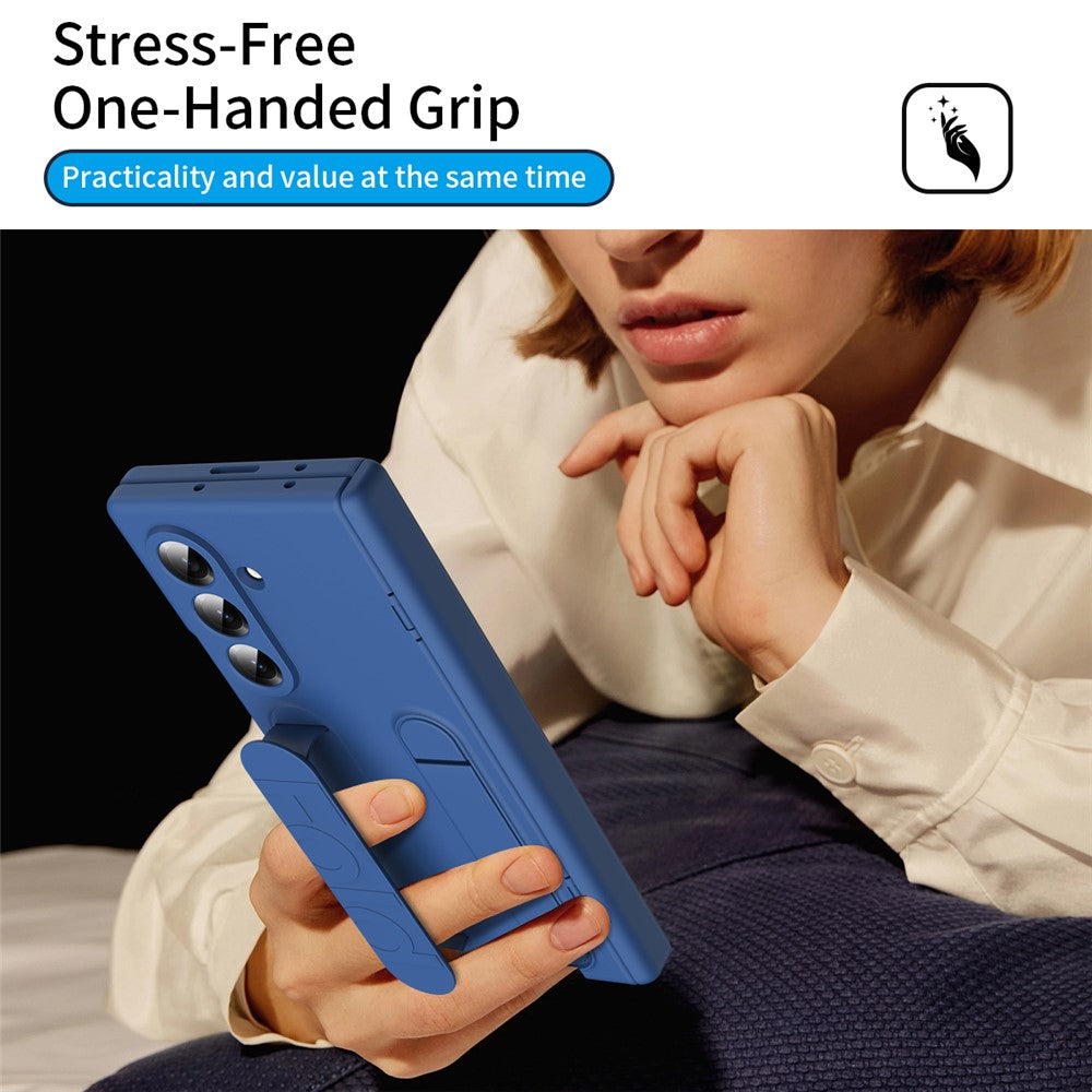 For Samsung Galaxy Z Fold7 5G Case with Tempered Glass Film Silicone Wristband Kickstand PC Phone Cover - Blue