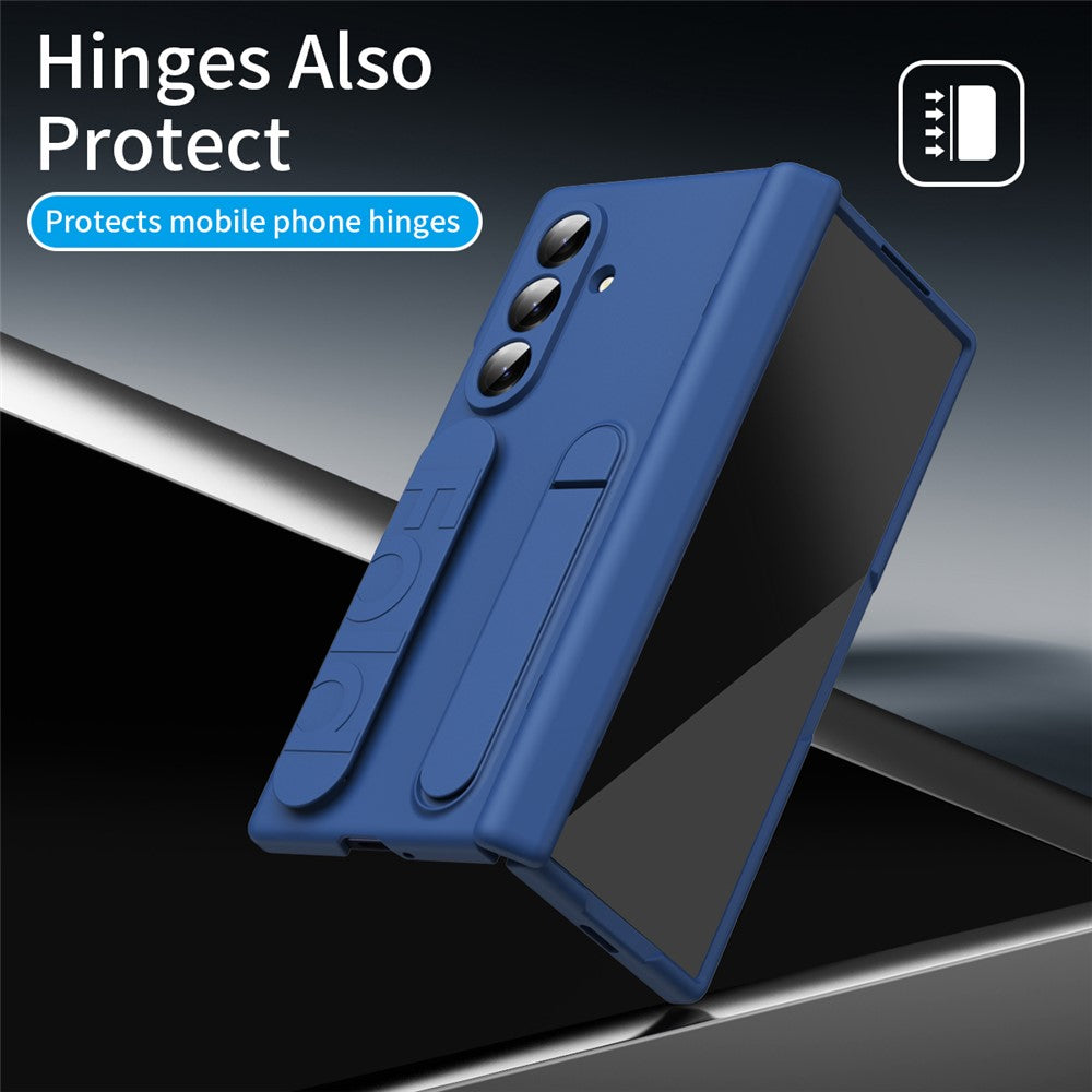 For Samsung Galaxy Z Fold7 5G Case with Tempered Glass Film Silicone Wristband Kickstand PC Phone Cover - Blue