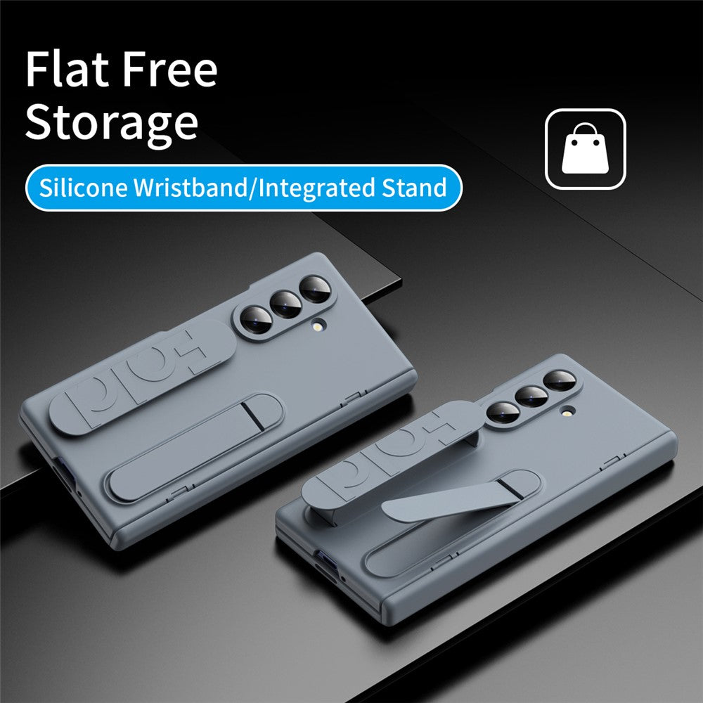 For Samsung Galaxy Z Fold7 5G Case with Tempered Glass Film Silicone Wristband Kickstand PC Phone Cover - Dark Grey