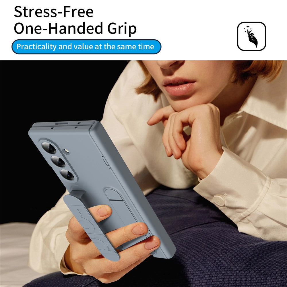 For Samsung Galaxy Z Fold7 5G Case with Tempered Glass Film Silicone Wristband Kickstand PC Phone Cover - Dark Grey