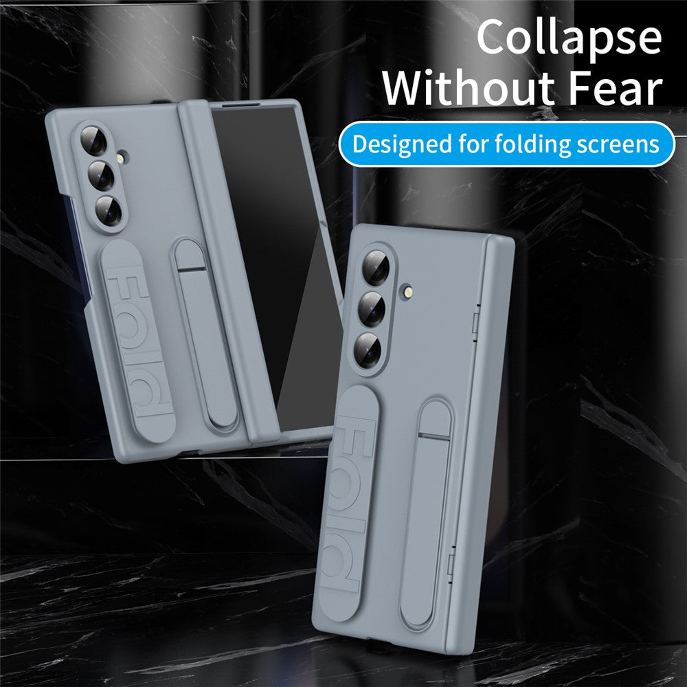 For Samsung Galaxy Z Fold7 5G Case with Tempered Glass Film Silicone Wristband Kickstand PC Phone Cover - Dark Grey