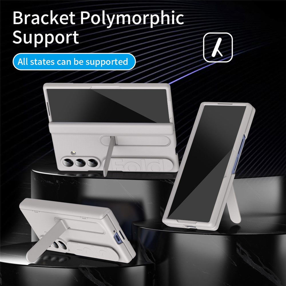 For Samsung Galaxy Z Fold7 5G Case with Tempered Glass Film Silicone Wristband Kickstand PC Phone Cover - Gold