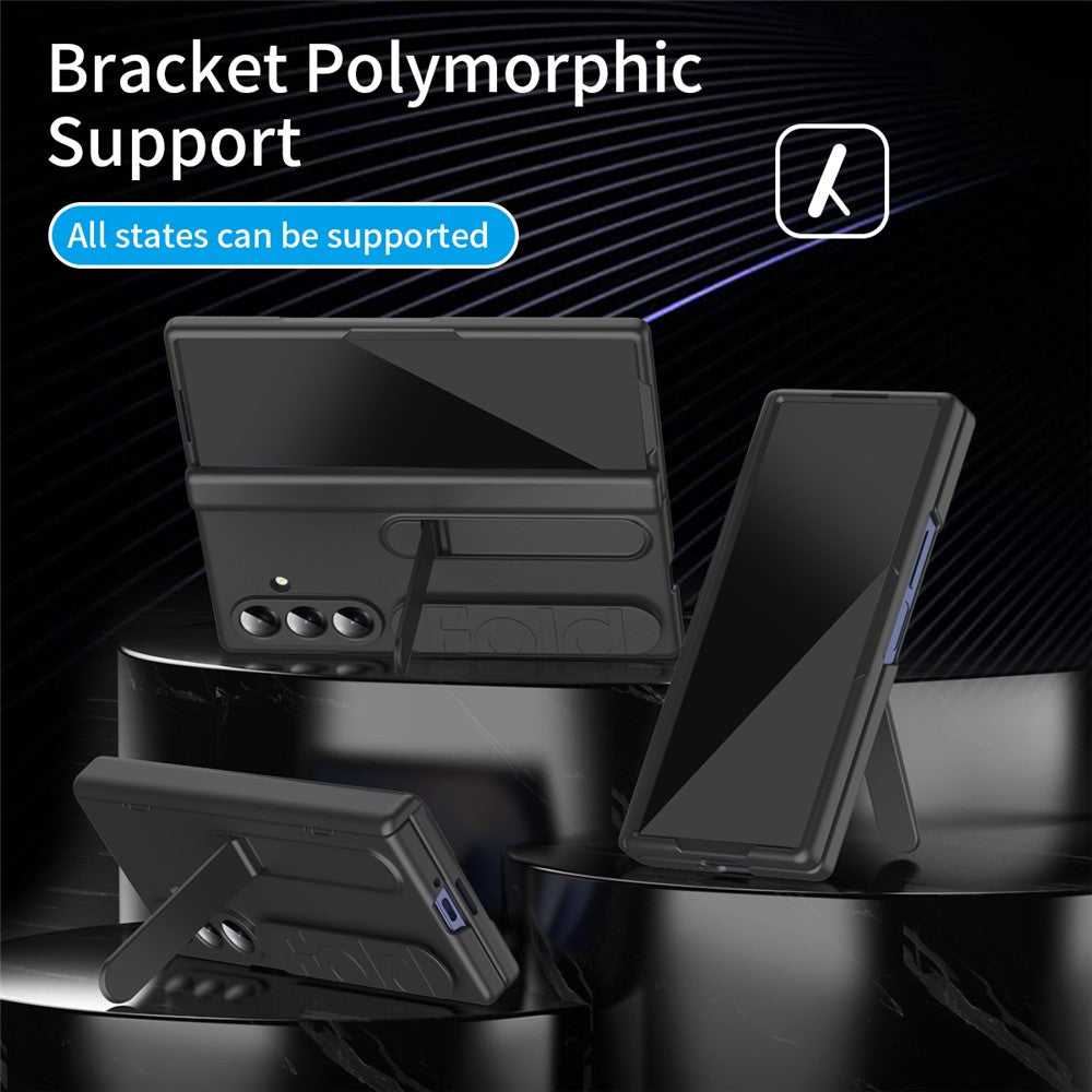 For Samsung Galaxy Z Fold7 5G Case with Tempered Glass Film Silicone Wristband Kickstand PC Phone Cover - Black