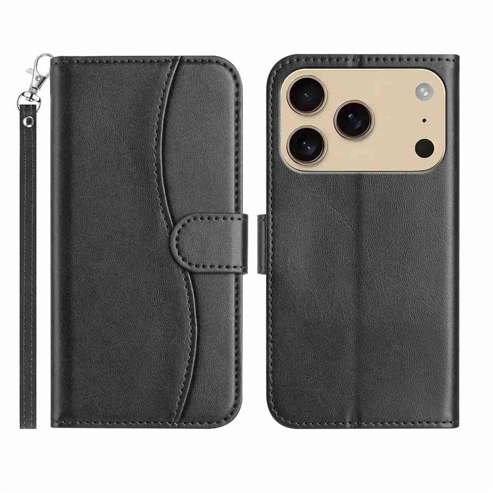 Stand Case for iPhone 17 Pro Max PU Leather Wallet Phone Cover S Shape Stitching Design with Strap - Black