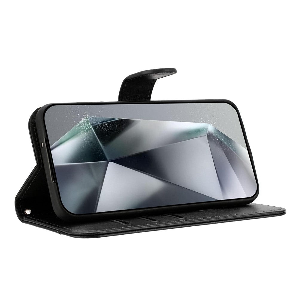 Stand Case for iPhone 17 Pro Max PU Leather Wallet Phone Cover S Shape Stitching Design with Strap - Black