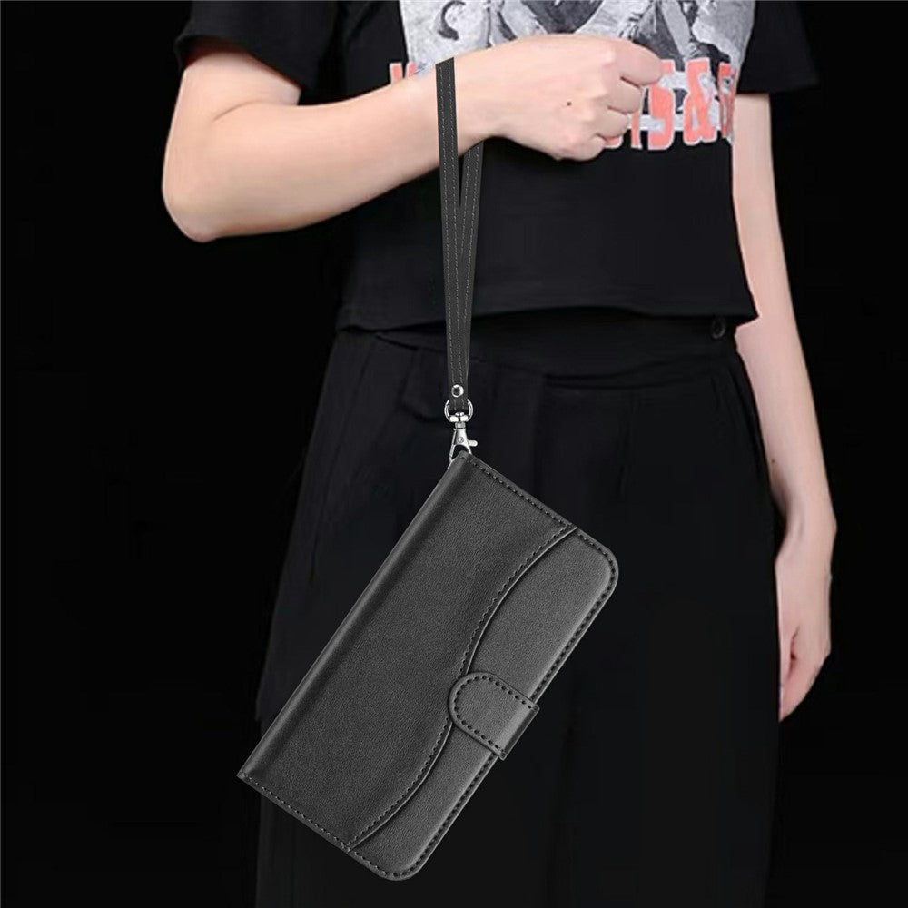 Stand Case for iPhone 17 Pro Max PU Leather Wallet Phone Cover S Shape Stitching Design with Strap - Black