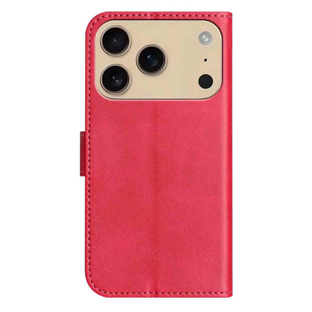 Stand Case for iPhone 17 Pro Max PU Leather Wallet Phone Cover S Shape Stitching Design with Strap - Red