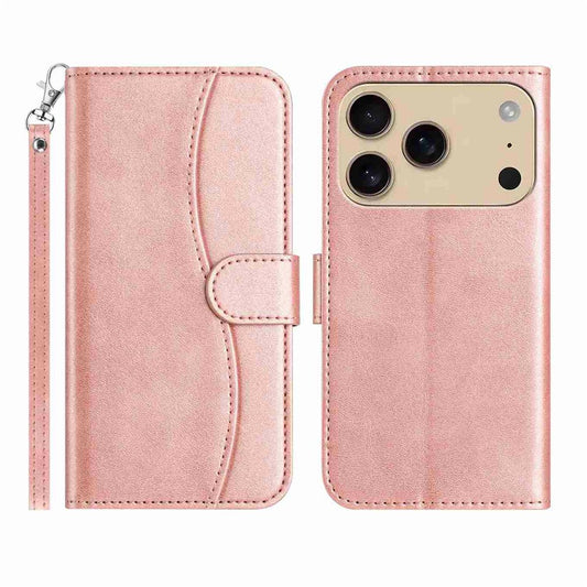 Stand Case for iPhone 17 Pro Max PU Leather Wallet Phone Cover S Shape Stitching Design with Strap - Rose Gold