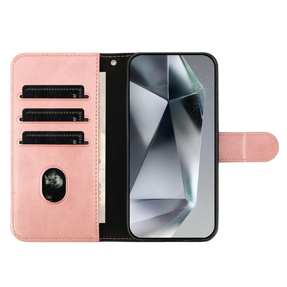 Stand Case for iPhone 17 Pro Max PU Leather Wallet Phone Cover S Shape Stitching Design with Strap - Rose Gold