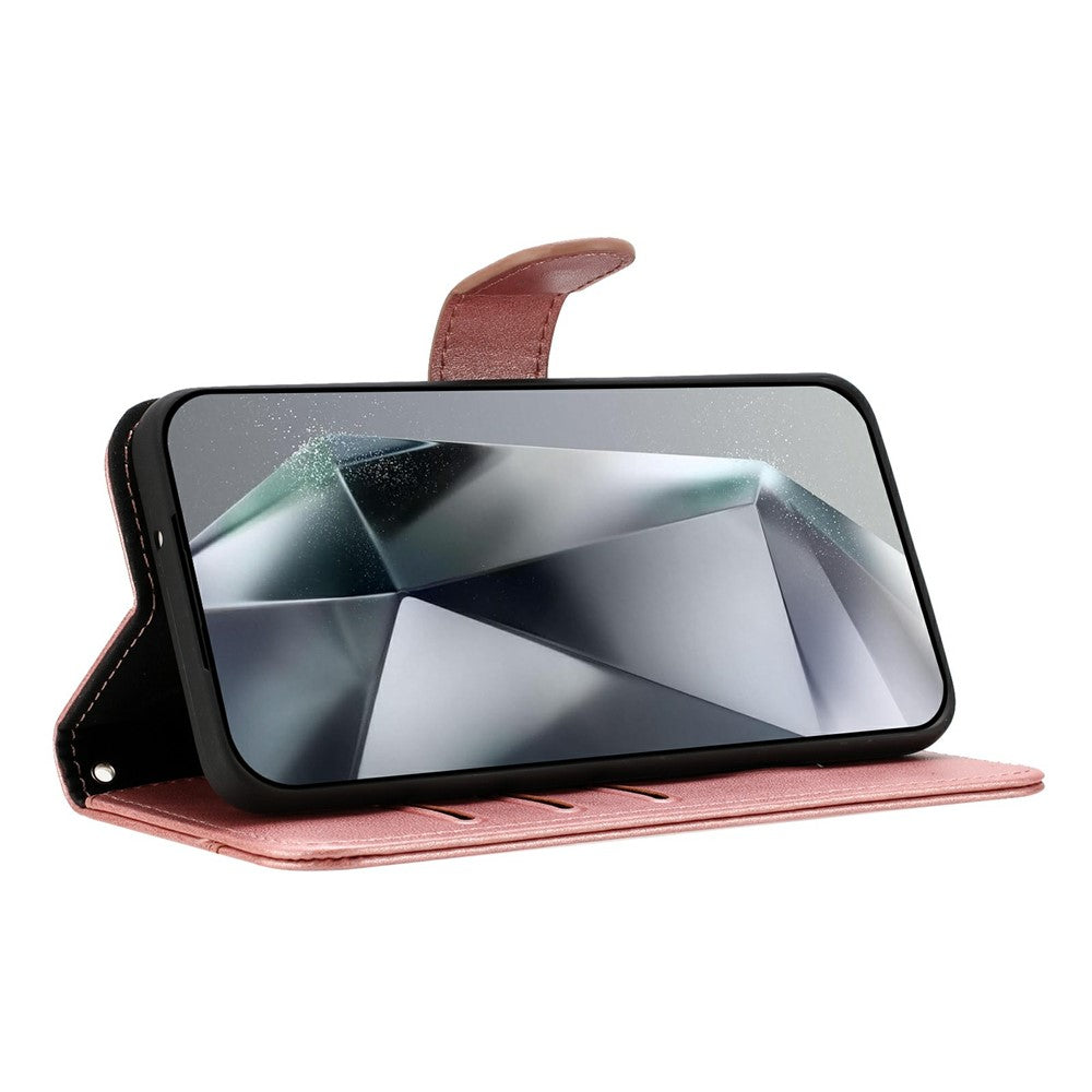 Stand Case for iPhone 17 Pro Max PU Leather Wallet Phone Cover S Shape Stitching Design with Strap - Rose Gold