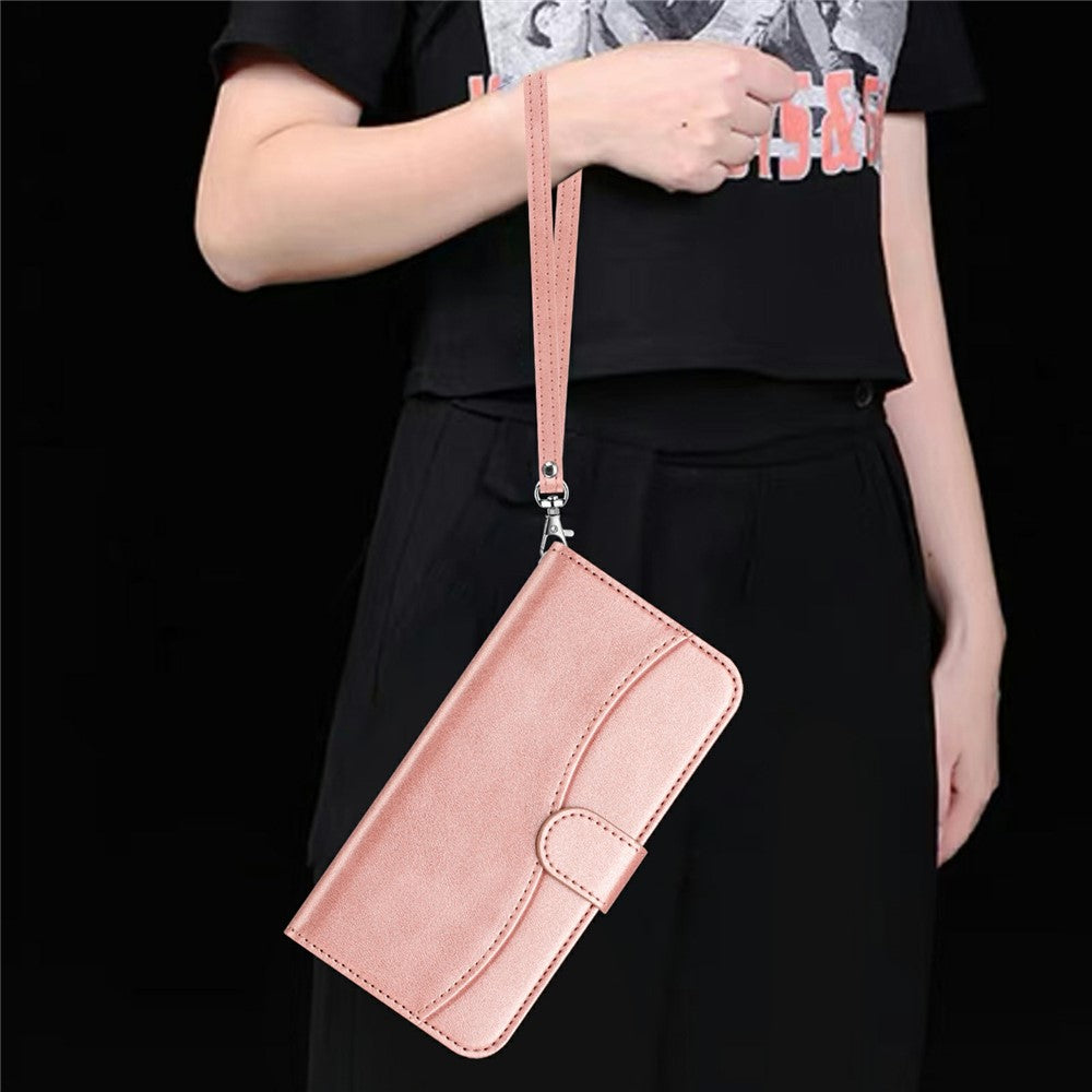 Stand Case for iPhone 17 Pro Max PU Leather Wallet Phone Cover S Shape Stitching Design with Strap - Rose Gold