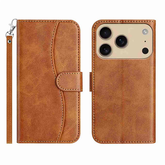 Stand Case for iPhone 17 Pro Max PU Leather Wallet Phone Cover S Shape Stitching Design with Strap - Brown