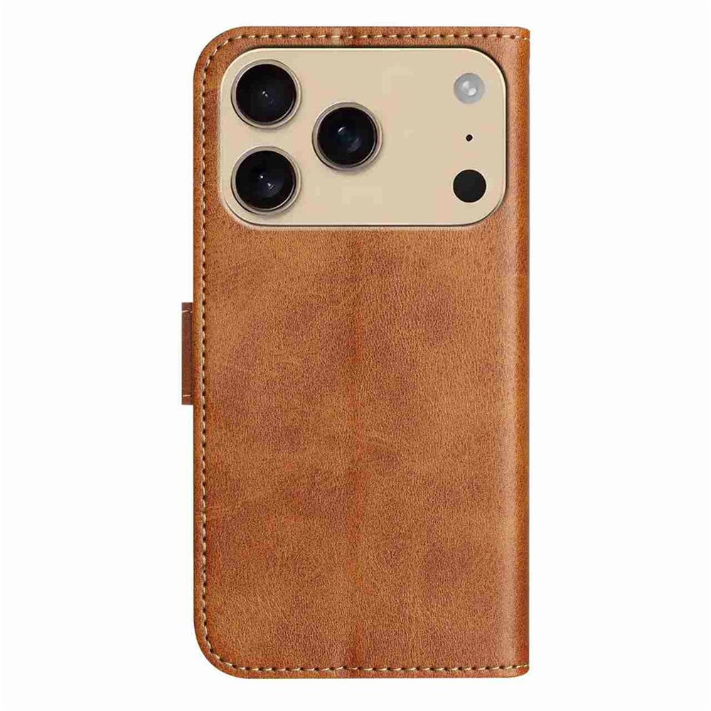 Stand Case for iPhone 17 Pro Max PU Leather Wallet Phone Cover S Shape Stitching Design with Strap - Brown