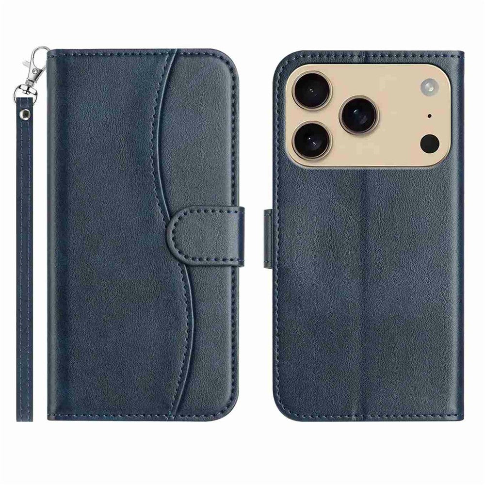 Stand Case for iPhone 17 Pro Max PU Leather Wallet Phone Cover S Shape Stitching Design with Strap - Navy Blue