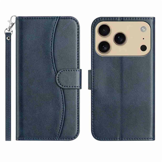 Stand Case for iPhone 17 Pro Max PU Leather Wallet Phone Cover S Shape Stitching Design with Strap - Navy Blue