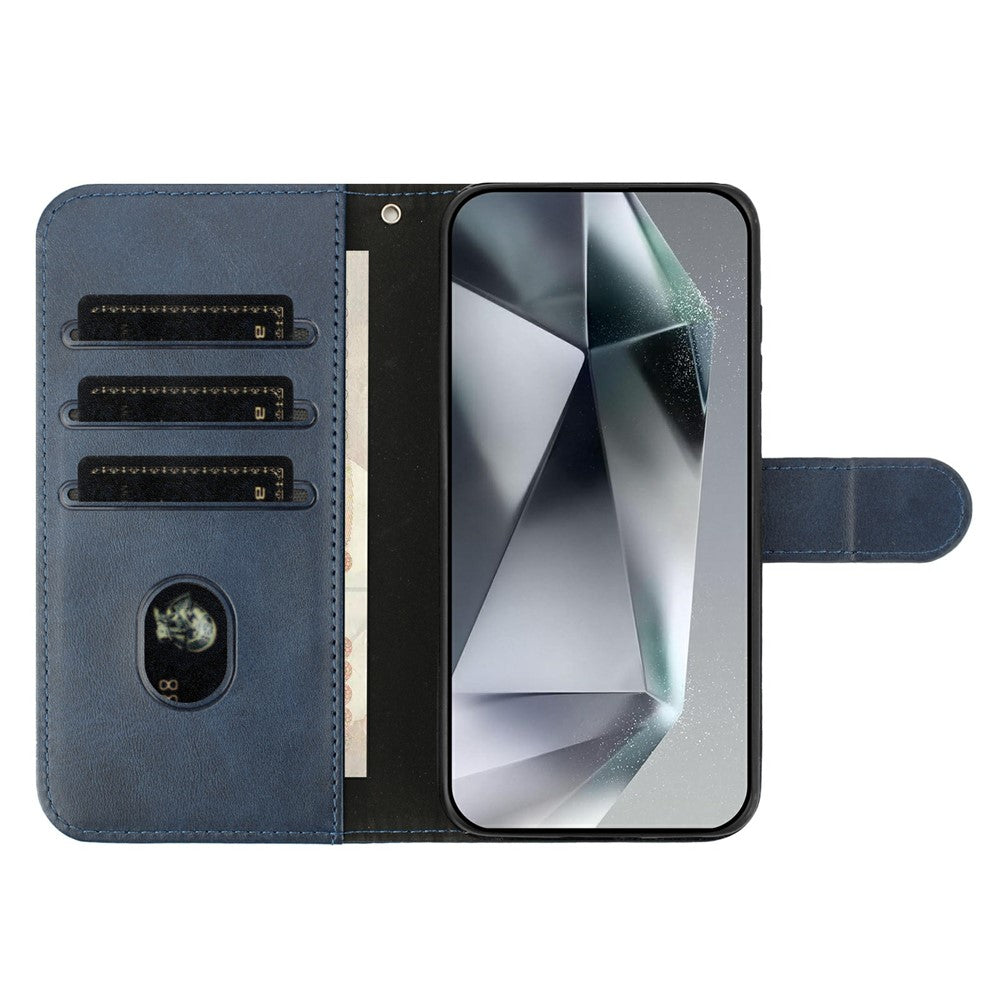 Stand Case for iPhone 17 Pro Max PU Leather Wallet Phone Cover S Shape Stitching Design with Strap - Navy Blue