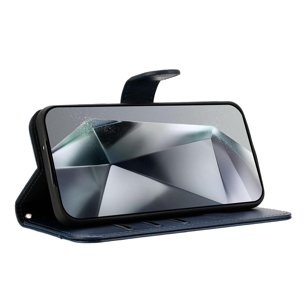 Stand Case for iPhone 17 Pro Max PU Leather Wallet Phone Cover S Shape Stitching Design with Strap - Navy Blue