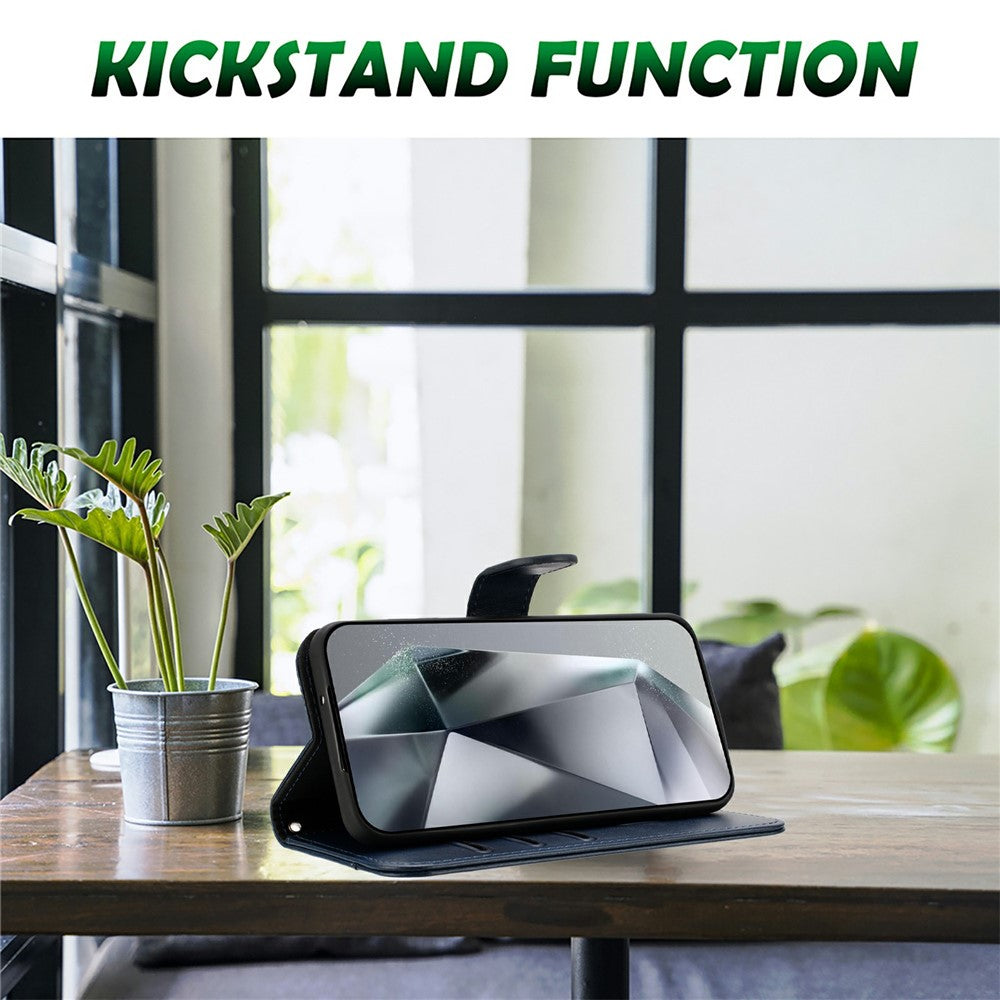 Stand Case for iPhone 17 Pro Max PU Leather Wallet Phone Cover S Shape Stitching Design with Strap - Navy Blue