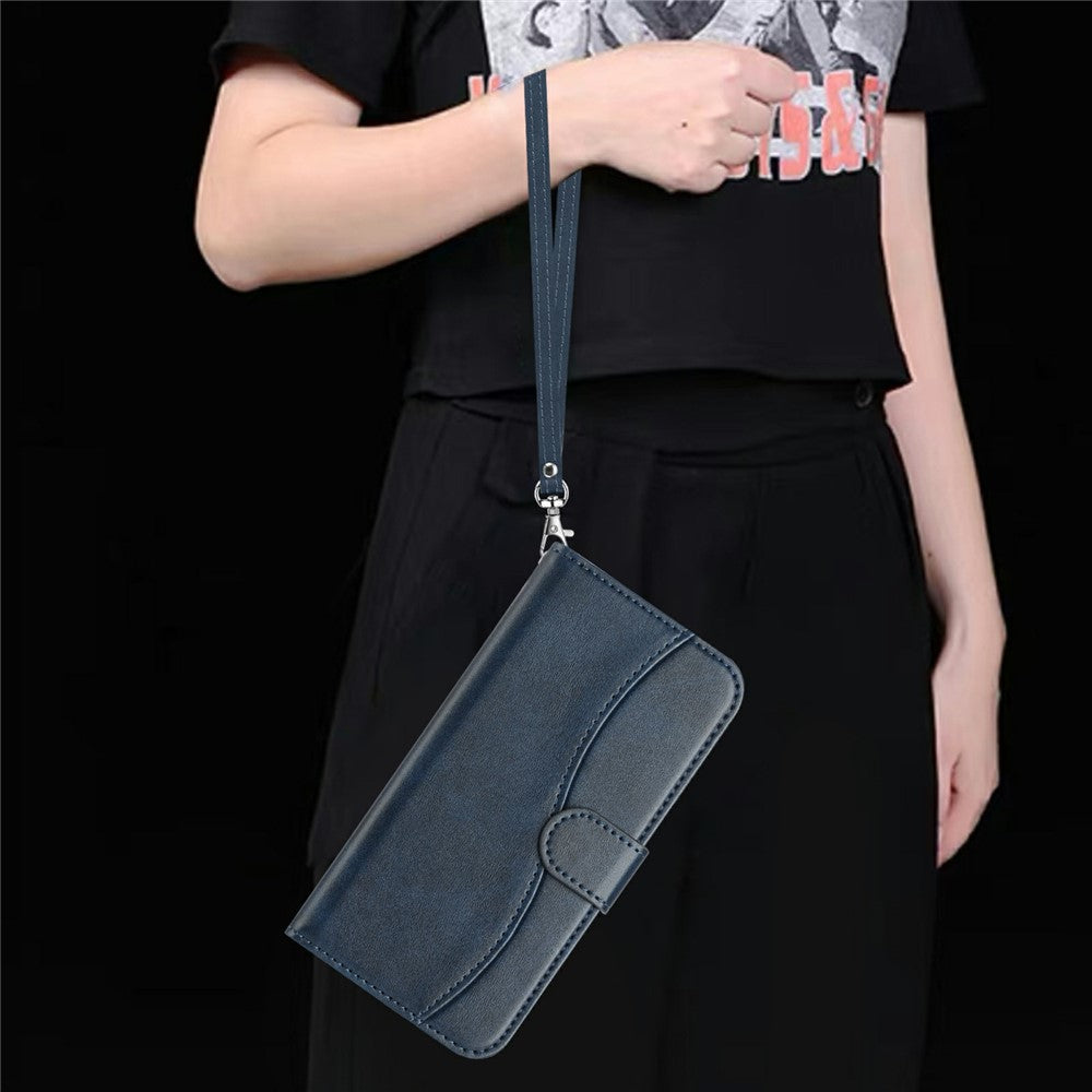 Stand Case for iPhone 17 Pro Max PU Leather Wallet Phone Cover S Shape Stitching Design with Strap - Navy Blue