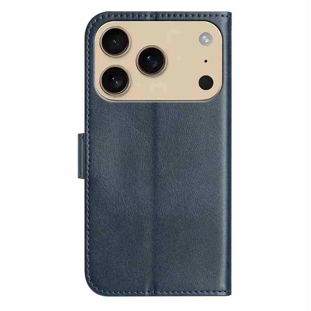 Stand Case for iPhone 17 Pro Max PU Leather Wallet Phone Cover S Shape Stitching Design with Strap - Navy Blue