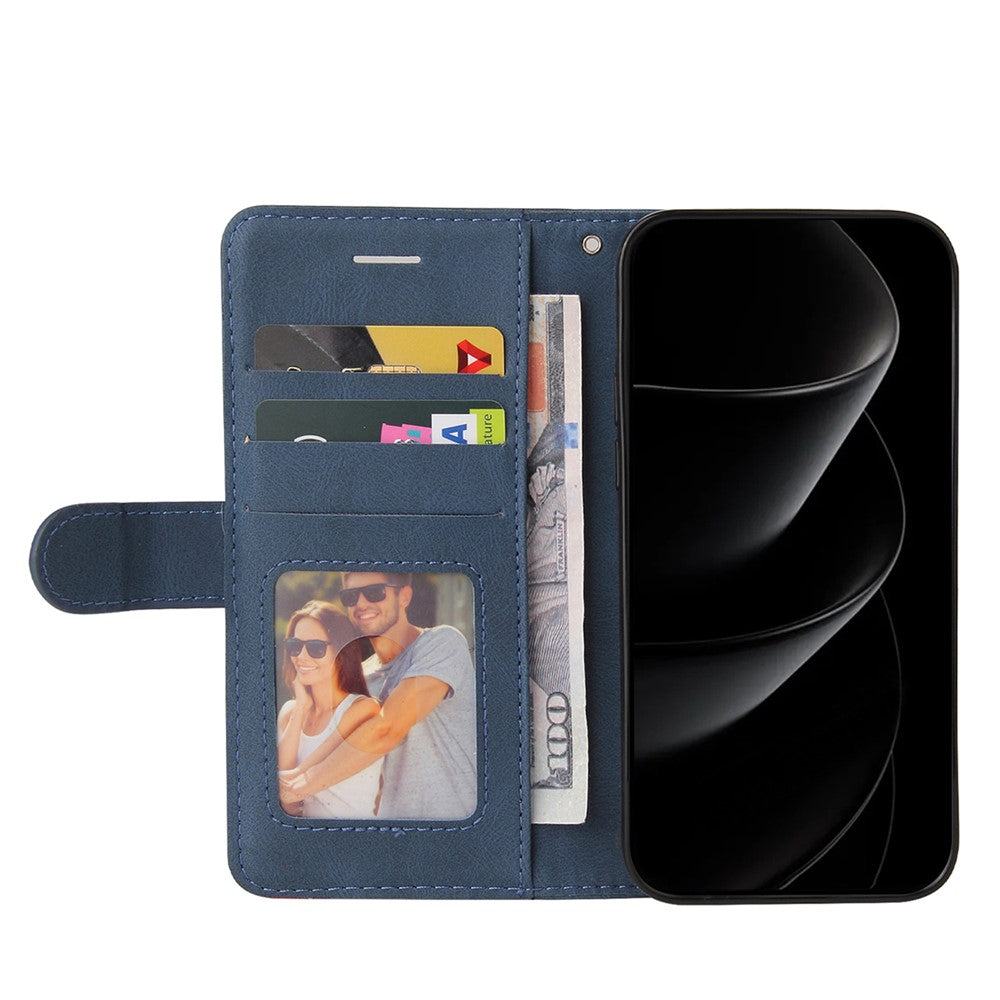 For iPhone 17 Pro Max Leather Phone Case Stand Wallet with Bi-colour Splicing Design - Blue