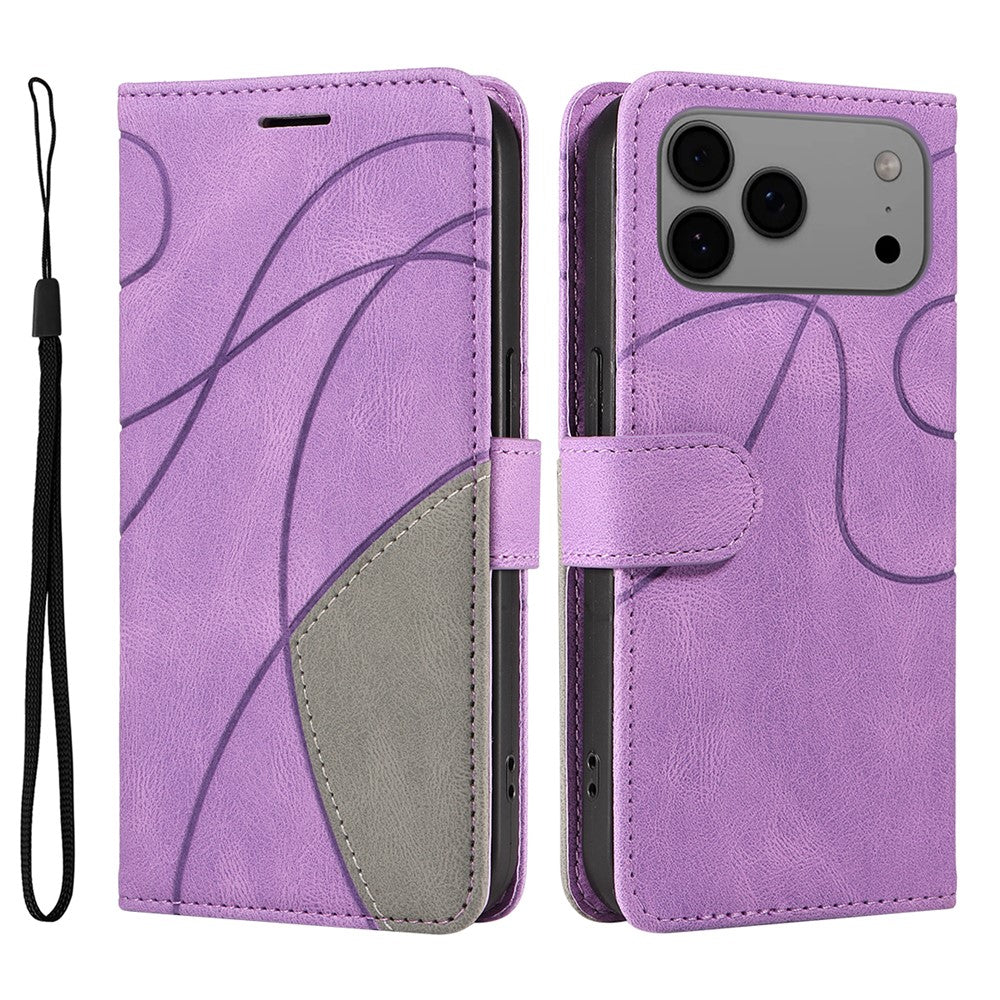 For iPhone 17 Pro Max Leather Phone Case Stand Wallet with Bi-colour Splicing Design - Purple