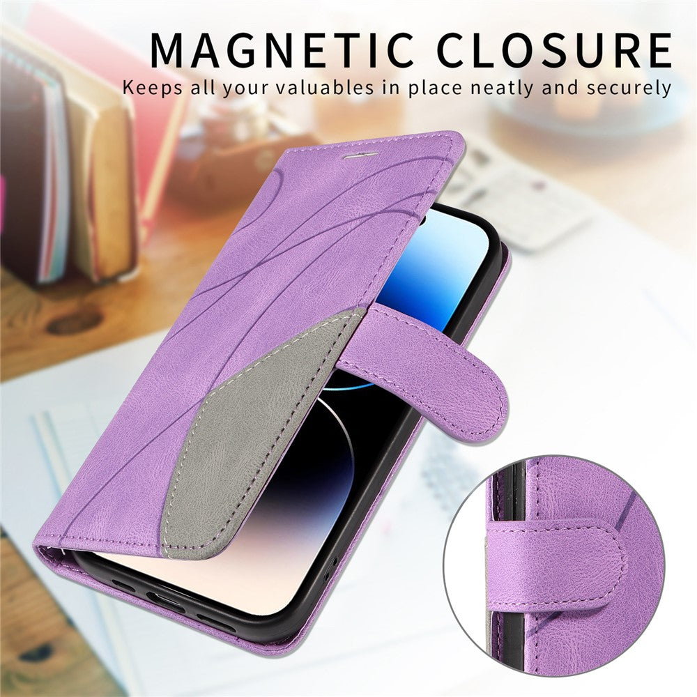 For iPhone 17 Pro Max Leather Phone Case Stand Wallet with Bi-colour Splicing Design - Purple
