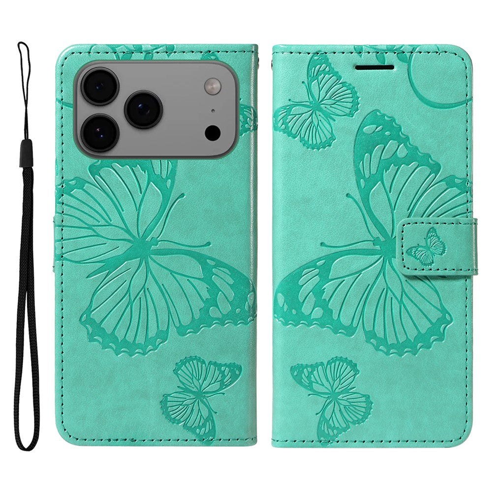 For iPhone 17 Pro Max Wallet Case Floral Butterfly Imprinted Leather Phone Cover Stand - Green