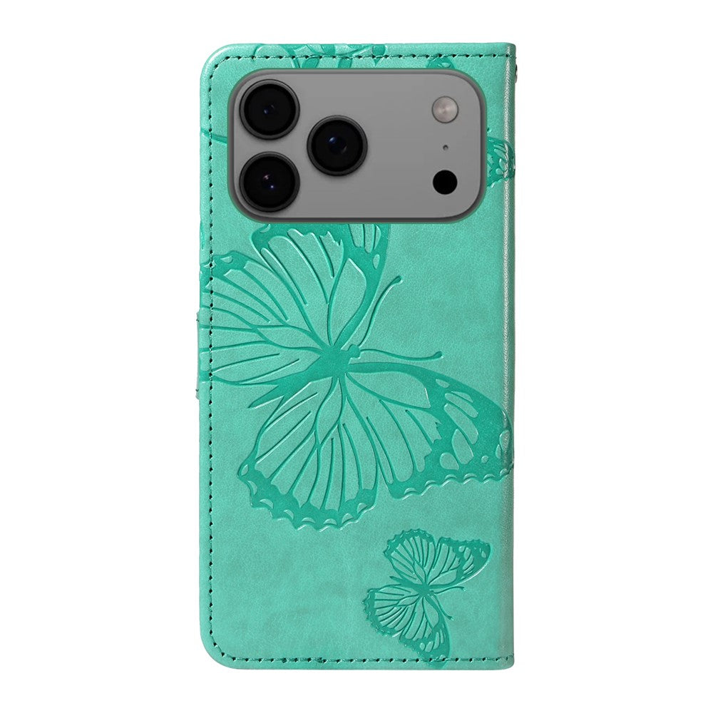 For iPhone 17 Pro Max Wallet Case Floral Butterfly Imprinted Leather Phone Cover Stand - Green
