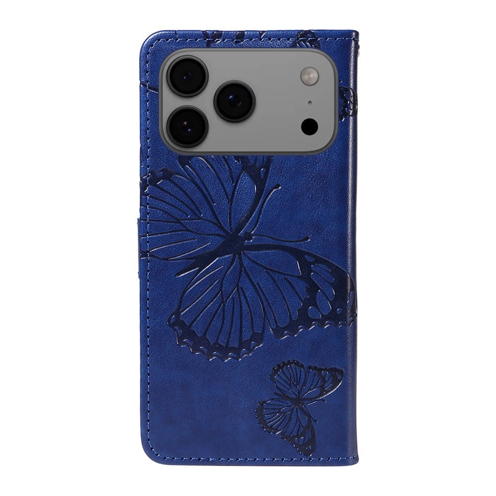 For iPhone 17 Pro Max Wallet Case Floral Butterfly Imprinted Leather Phone Cover Stand - Blue