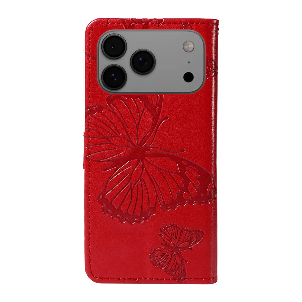 For iPhone 17 Pro Max Wallet Case Floral Butterfly Imprinted Leather Phone Cover Stand - Red
