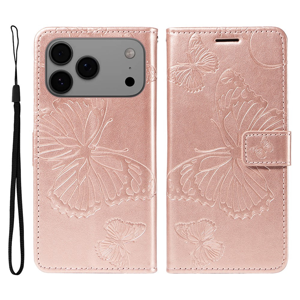 For iPhone 17 Pro Max Wallet Case Floral Butterfly Imprinted Leather Phone Cover Stand - Rose Gold