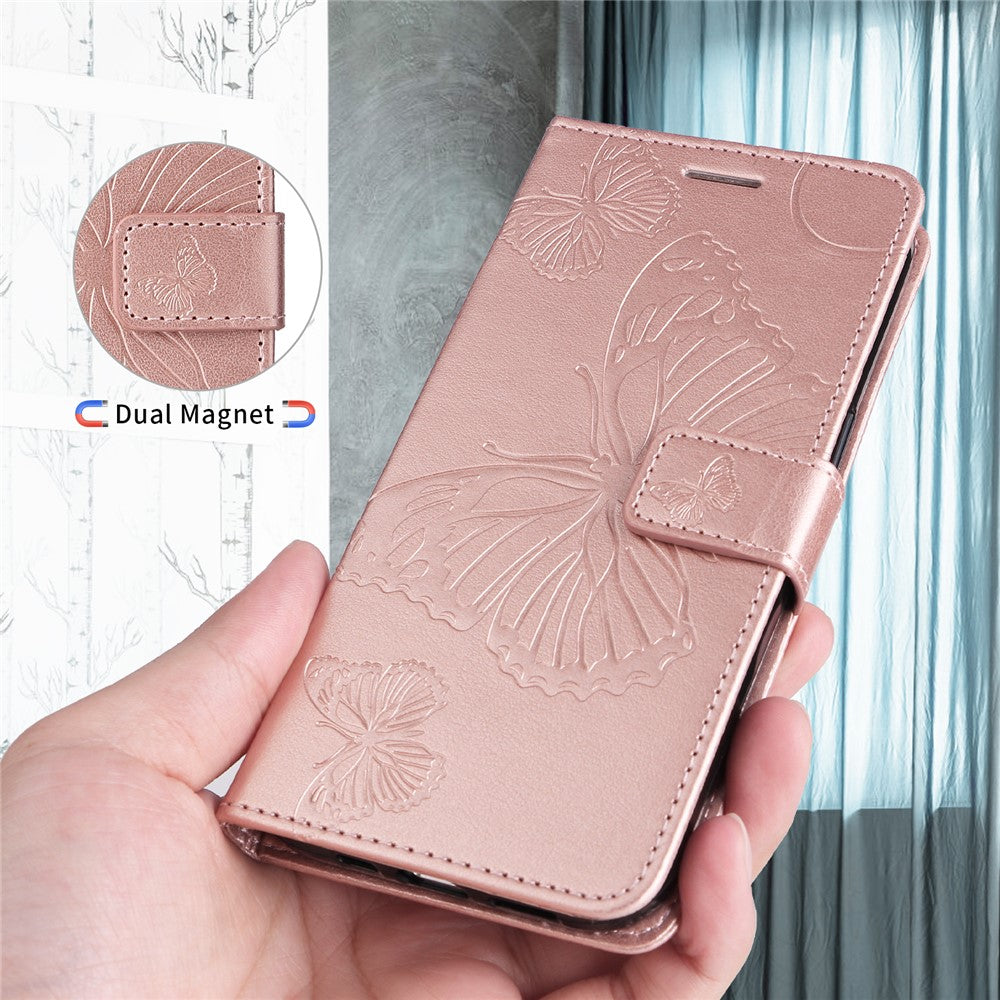 For iPhone 17 Pro Max Wallet Case Floral Butterfly Imprinted Leather Phone Cover Stand - Rose Gold