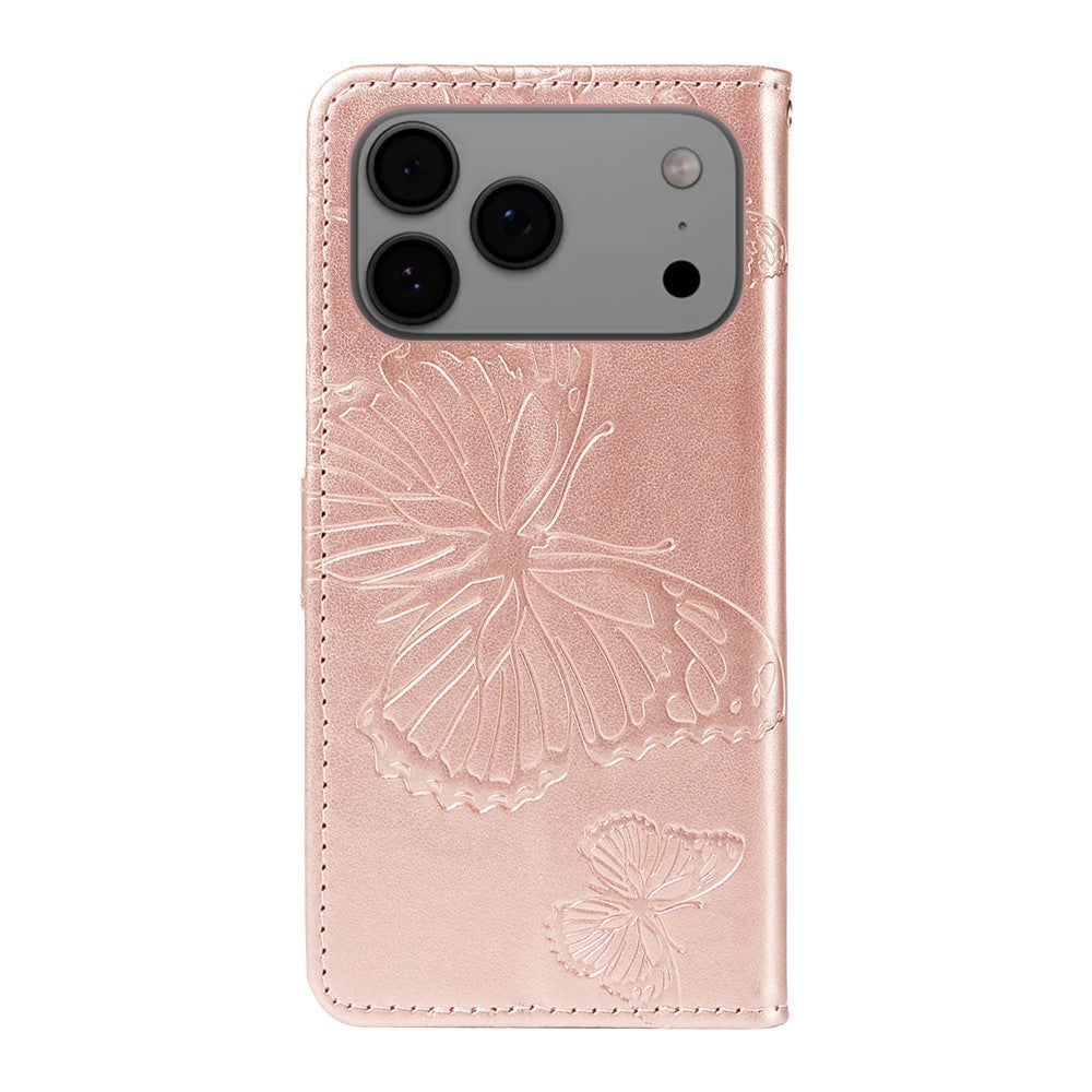 For iPhone 17 Pro Max Wallet Case Floral Butterfly Imprinted Leather Phone Cover Stand - Rose Gold