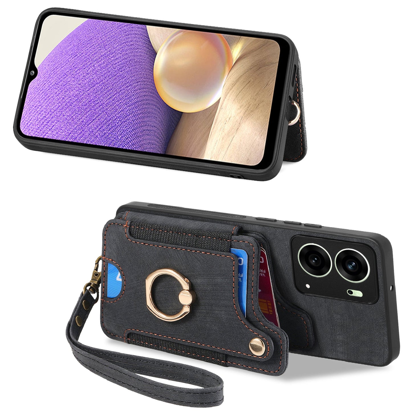 For Oppo Reno14 5G (Global) / Oppo Reno13 5G (Global) Retro PU Leather Back Cover with RFID Blocking Card Holder - Black