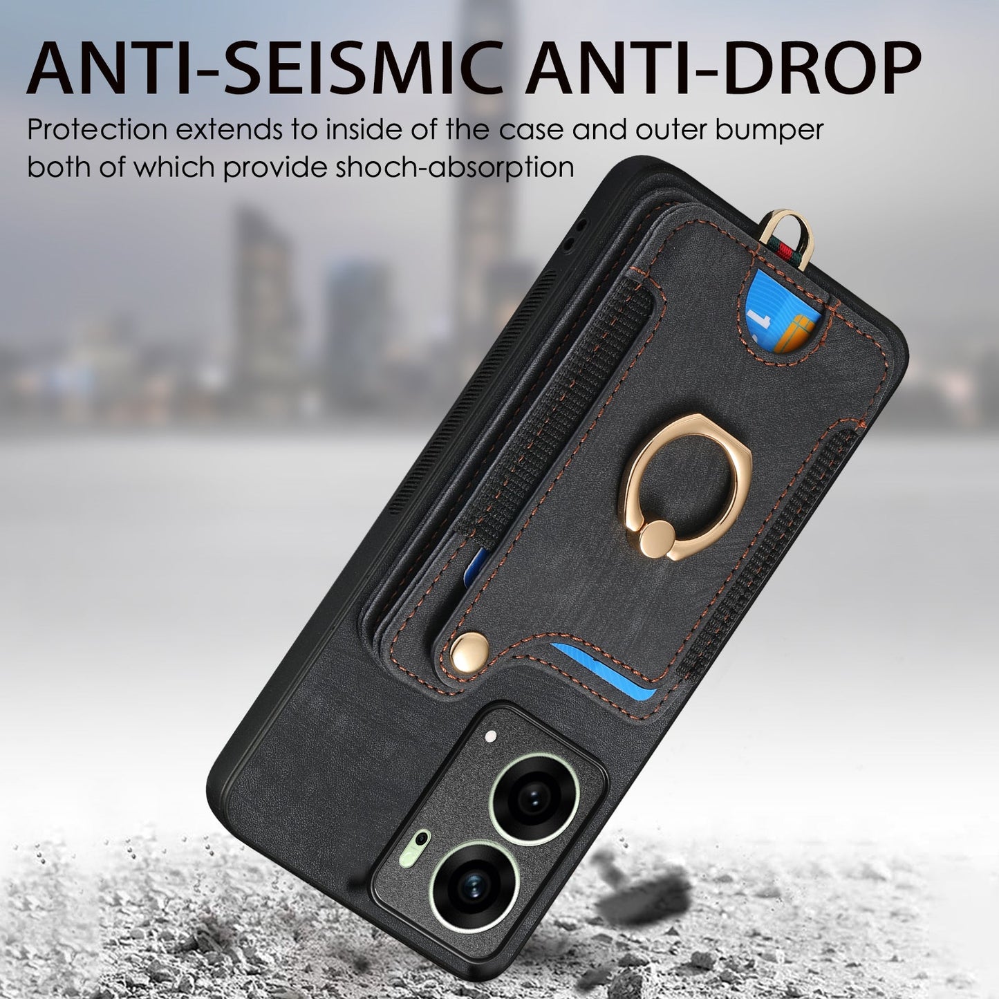 For Oppo Reno14 5G (Global) / Oppo Reno13 5G (Global) Retro PU Leather Back Cover with RFID Blocking Card Holder - Black