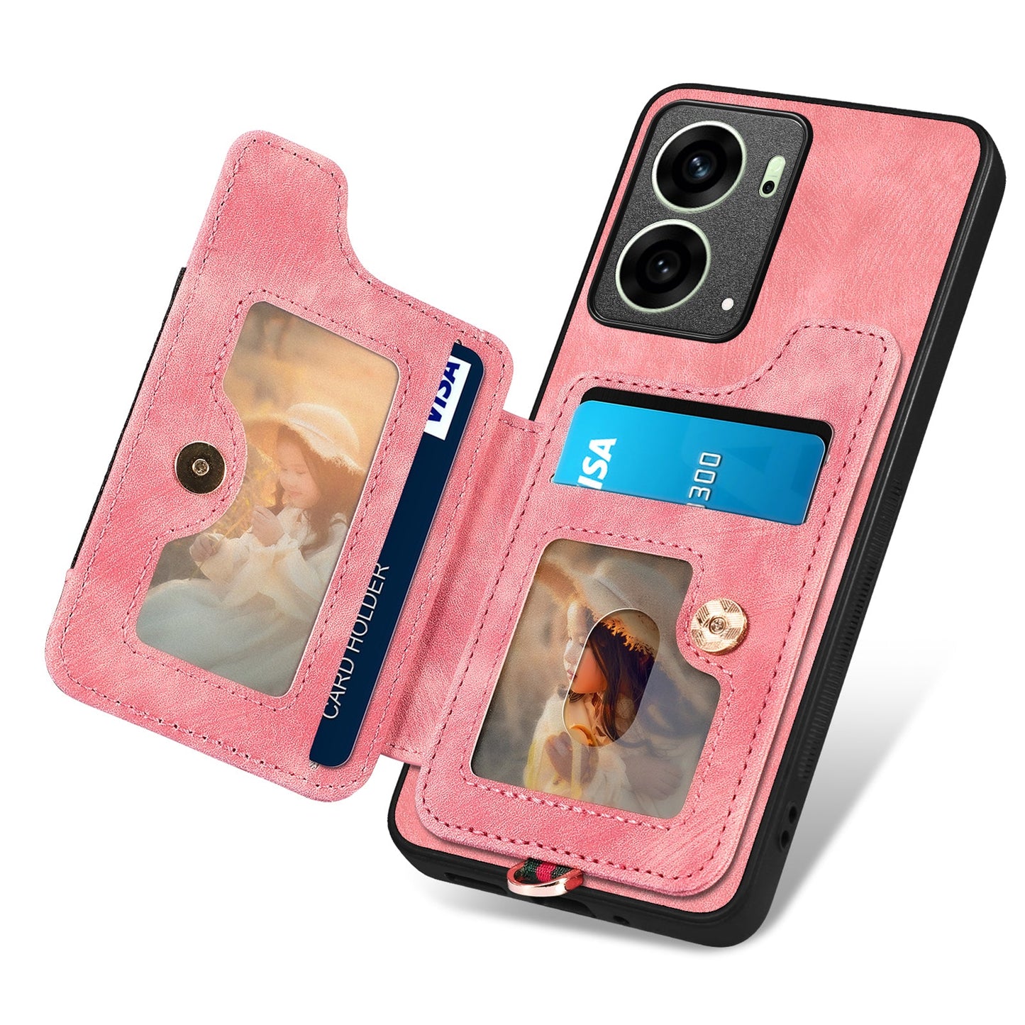 For Oppo Reno14 5G (Global) / Oppo Reno13 5G (Global) Retro PU Leather Back Cover with RFID Blocking Card Holder - Pink