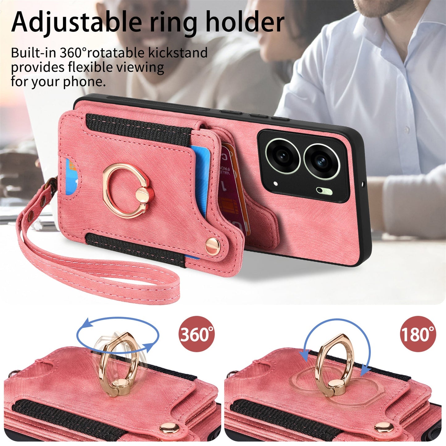 For Oppo Reno14 5G (Global) / Oppo Reno13 5G (Global) Retro PU Leather Back Cover with RFID Blocking Card Holder - Pink
