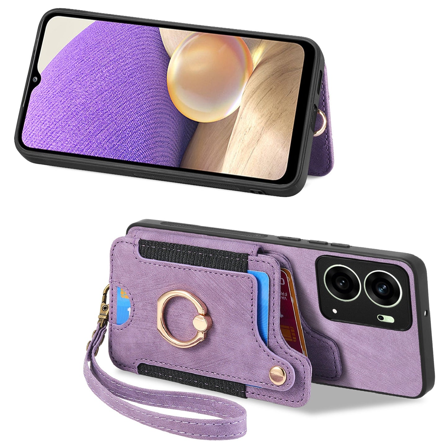 For Oppo Reno14 5G (Global) / Oppo Reno13 5G (Global) Retro PU Leather Back Cover with RFID Blocking Card Holder - Purple