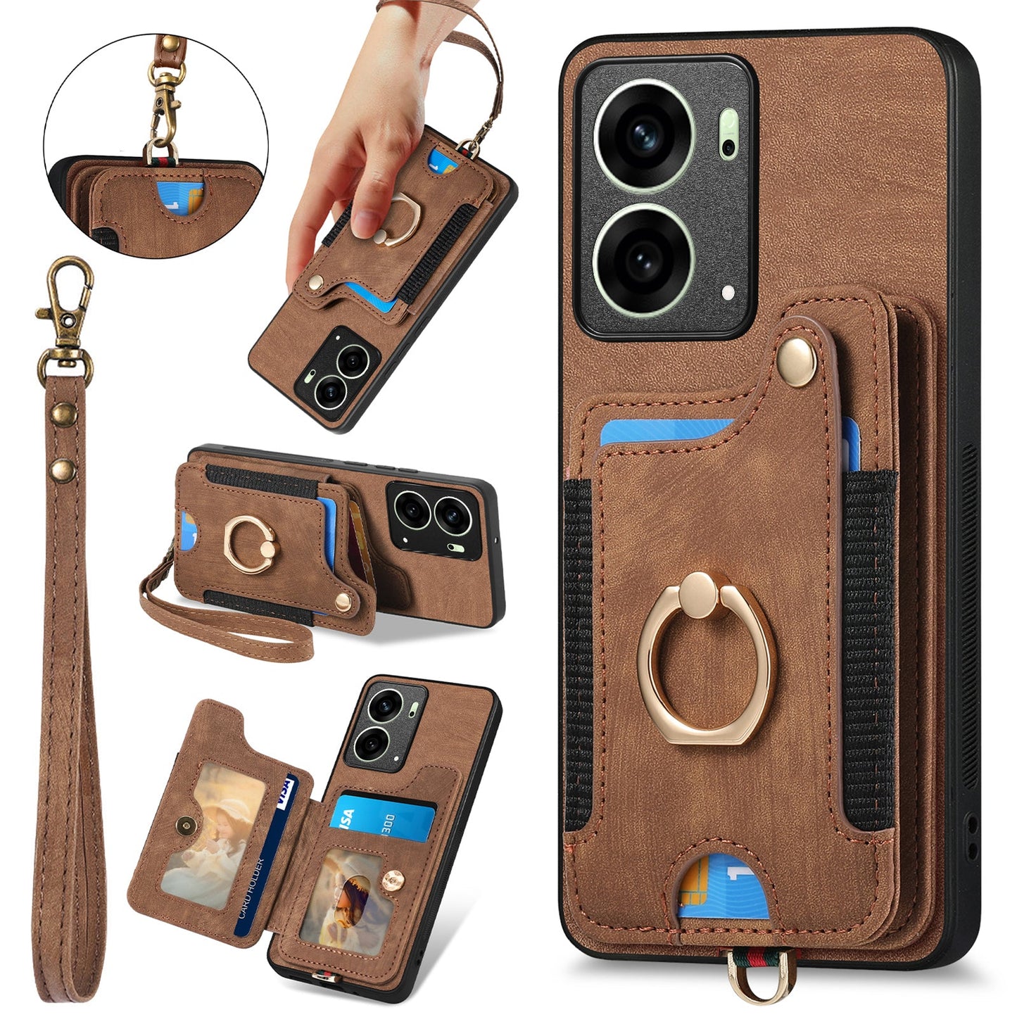 For Oppo Reno14 5G (Global) / Oppo Reno13 5G (Global) Retro PU Leather Back Cover with RFID Blocking Card Holder - Brown