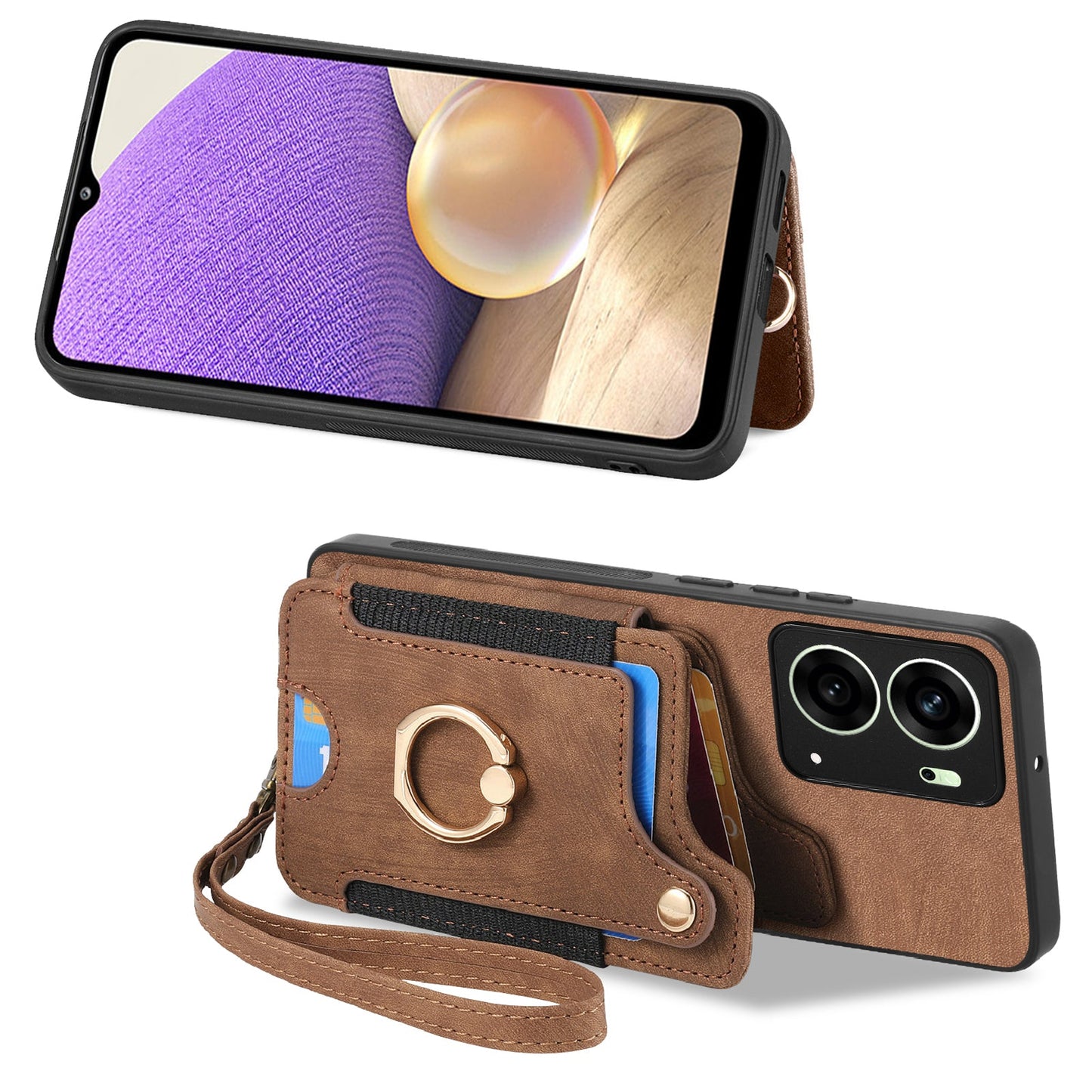 For Oppo Reno14 5G (Global) / Oppo Reno13 5G (Global) Retro PU Leather Back Cover with RFID Blocking Card Holder - Brown