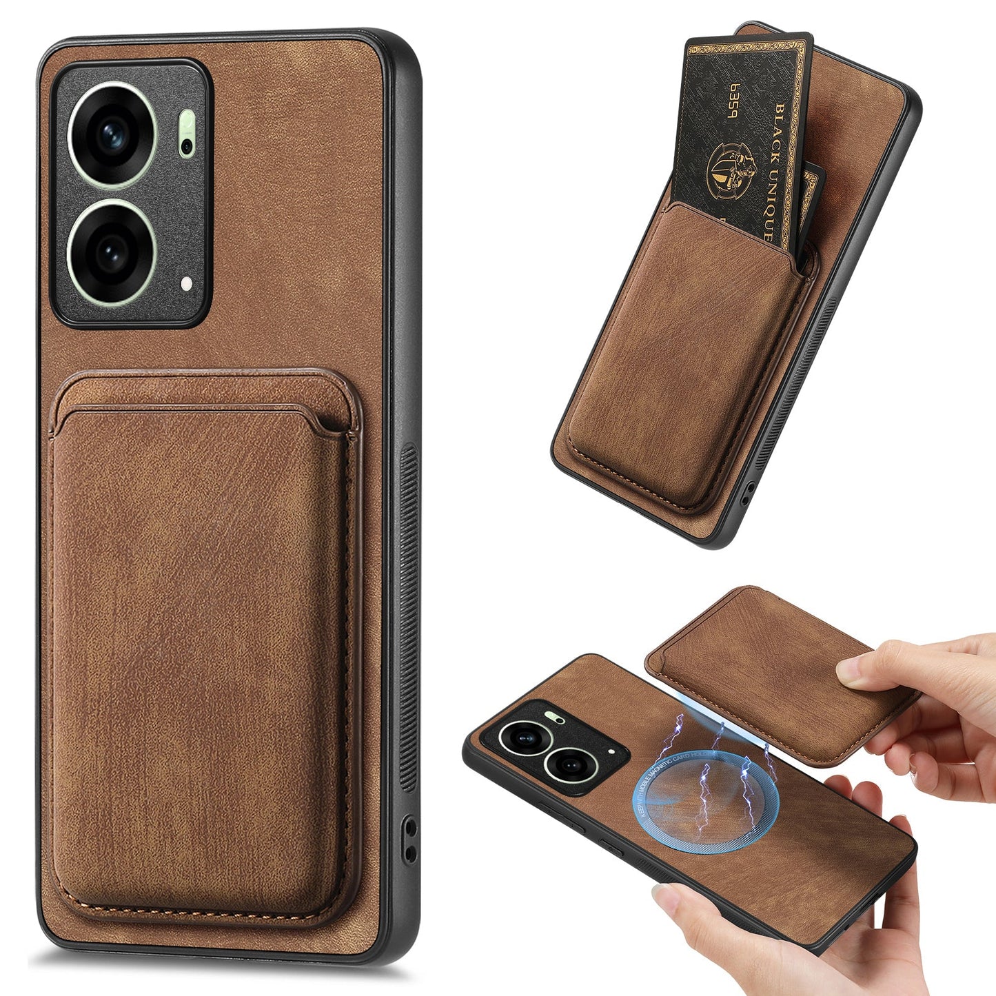 For Oppo Reno4 5G / Oppo Reno13 5G (Global) Case Compatible with MagSafe Leather Back Cover with Detachable Card Holder - Brown