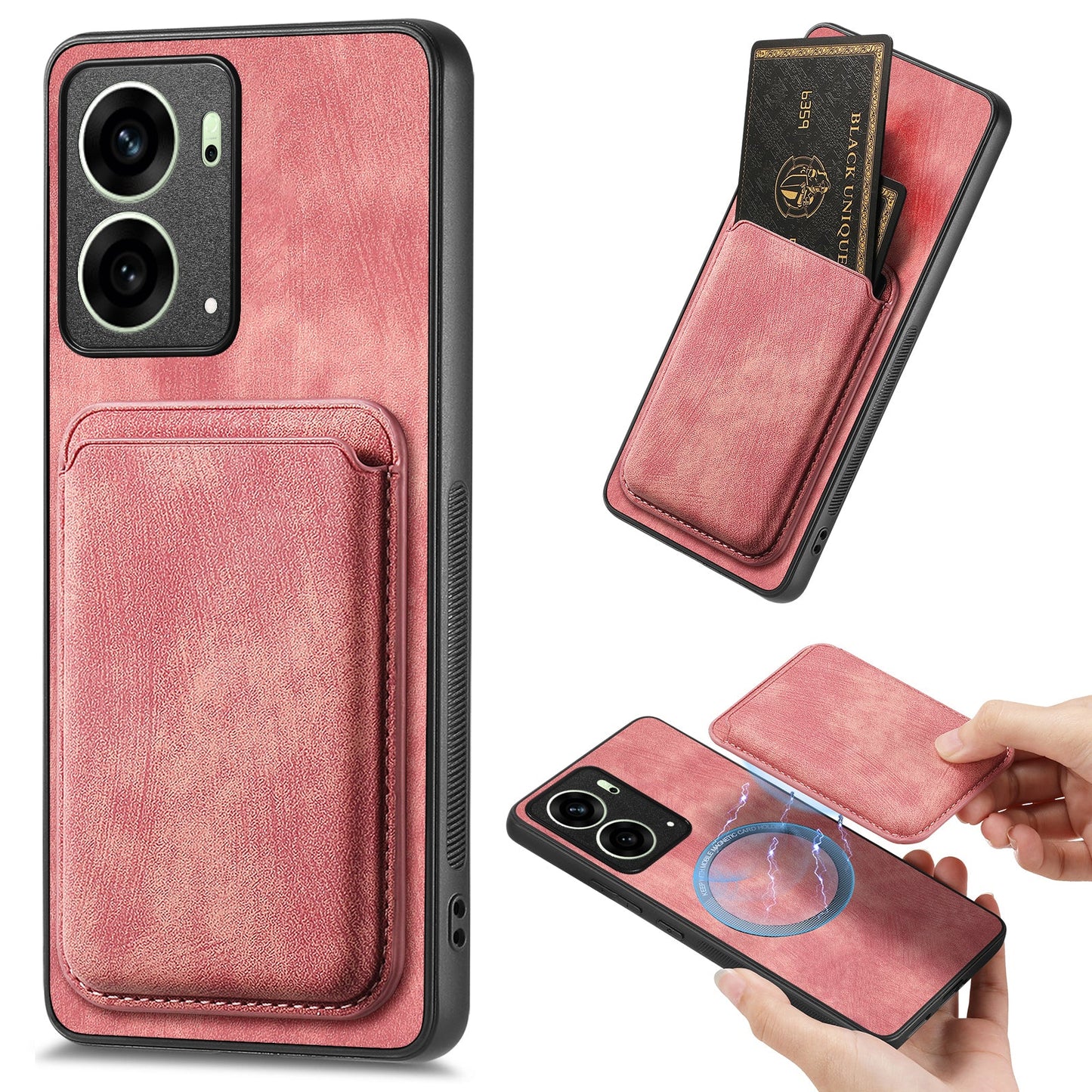 For Oppo Reno4 5G / Oppo Reno13 5G (Global) Case Compatible with MagSafe Leather Back Cover with Detachable Card Holder - Pink