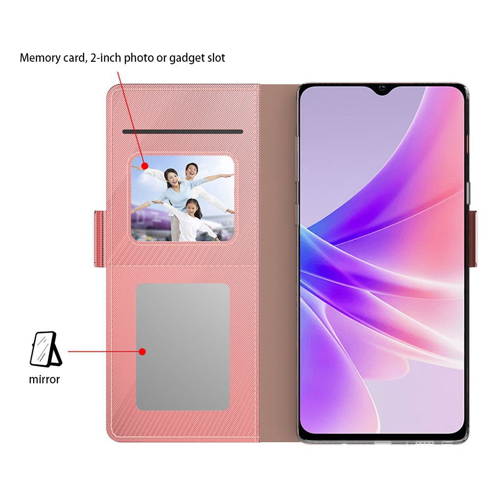 For GOppo Reno14 5G (Global) Case Stand PU Leather Phone Cover Card Holder Mirror - Rose Gold