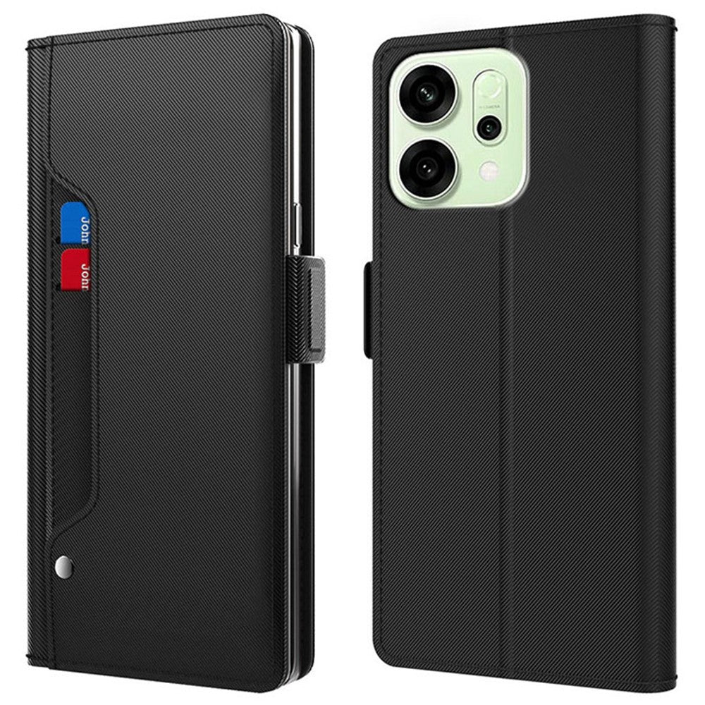 For Oppo Reno14 Pro 5G (Global) Case Stand PU Leather Phone Cover Card Holder Mirror - Black