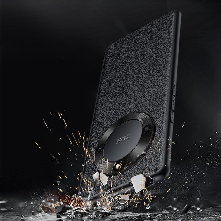 For Honor X40 5G Litchi Texture Anti-slip Phone Case Cowhide Genuine Leather Coated TPU Back Cover with Metal Camera Frame - Black
