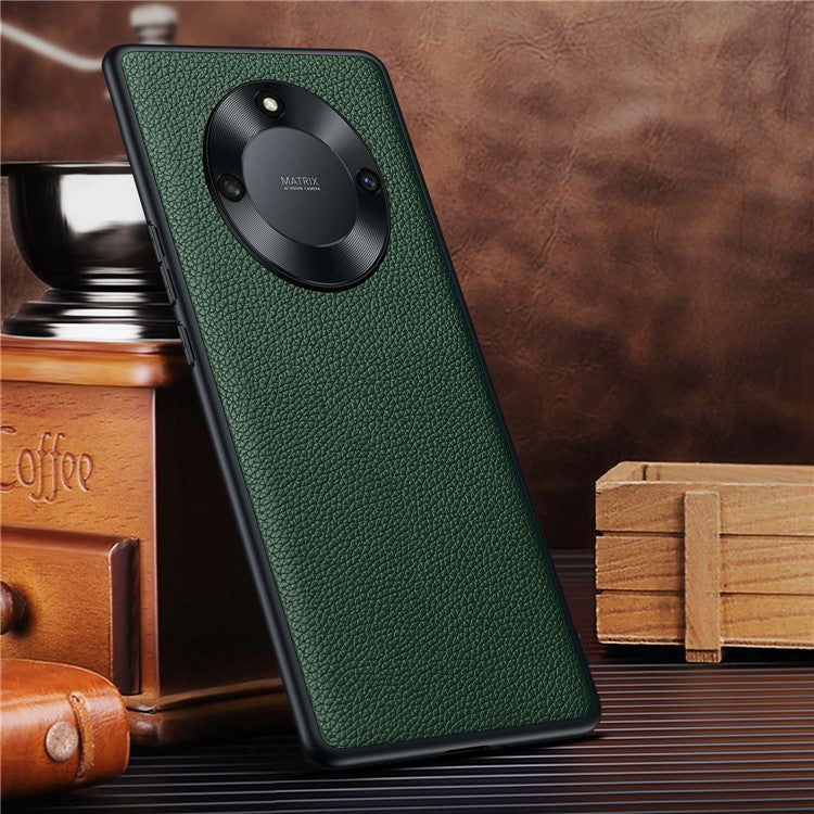 For Honor X40 5G Litchi Texture Anti-slip Phone Case Cowhide Genuine Leather Coated TPU Back Cover with Metal Camera Frame - Green