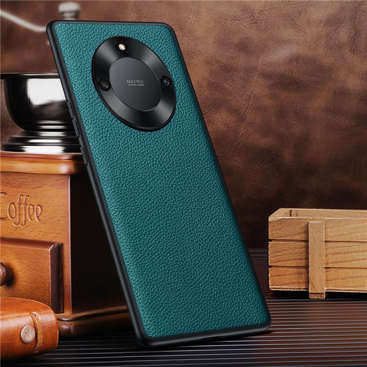 For Honor X40 5G Litchi Texture Anti-slip Phone Case Cowhide Genuine Leather Coated TPU Back Cover with Metal Camera Frame - Cyan